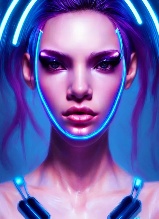 Prompt: photorealistic portrait of female humanoid, cyber neon lights, highly detailed, cyberpunk haute couture fashion, elegant, crispy quality, trending in artstation, trending in pinterest, glamor pose, no signature, no watermark, cinematic, art by artgerm and pascal blanche