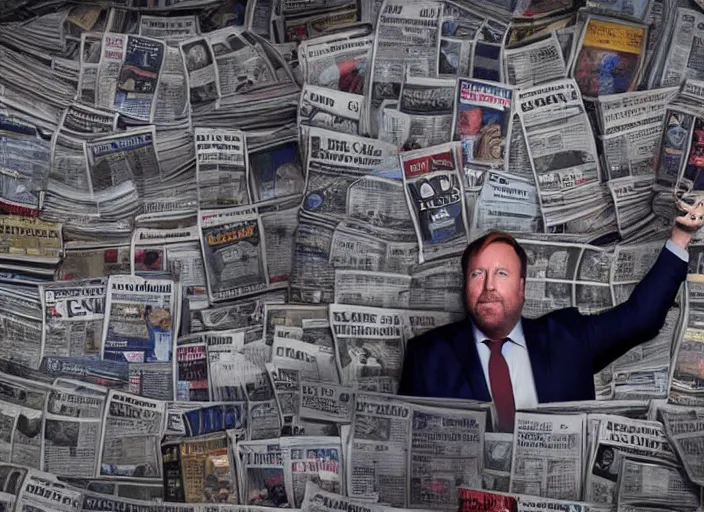 Image similar to dslr photo still of infowars host alex jones in a blue suit fat grey beard and mustache in a!!! room filled to the ceiling with newspapers newspapers to the ceiling newspapers everywhere stacks of newspapers!!!!!! looking at an iphone in shock!!!, 5 2 mm f 1. 8