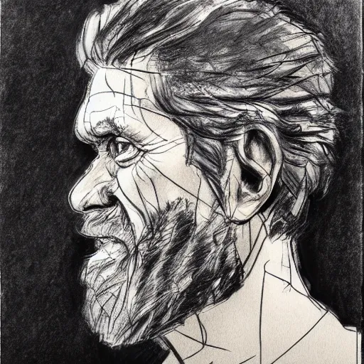 Prompt: a realistic yet scraggly portrait sketch of the side profile of a stern and sophisticated willem dafoe with a beard, trending on artstation, intricate details, in the style of frank auerbach, in the style of sergio aragones, in the style of martin ansin, in the style of david aja, in the style of mattias adolfsson