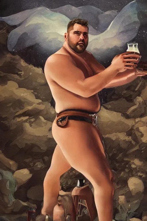 Prompt: a dramatic, epic, ethereal painting of a sexy mischievous thicc shirtless cowboy with a beer belly wearing a large belt and offering food and whiskey | background is a late night campfire | homoerotic | tarot card, art deco, art nouveau | by Mark Maggiori | trending on artstation