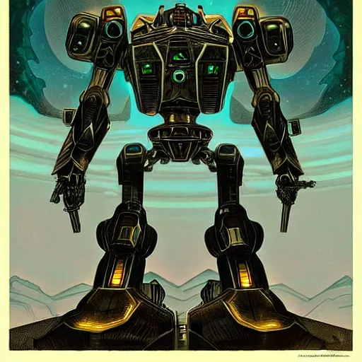 Image similar to mech in the style of Nikolai Lutohin, sci-fi illustrations, highly detailed, Nigredo, dark enlightenment, alchemy, Art deco.