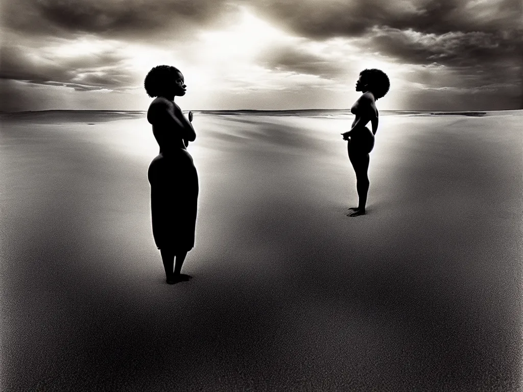 Prompt: a black woman experiencing timelessness on a desert beach, early morning, golden hour, altered state, beautiful, moody, cinematic lighting highly detailed, inspired by detailed graphic novel cover art, photo by sebastiao salgado