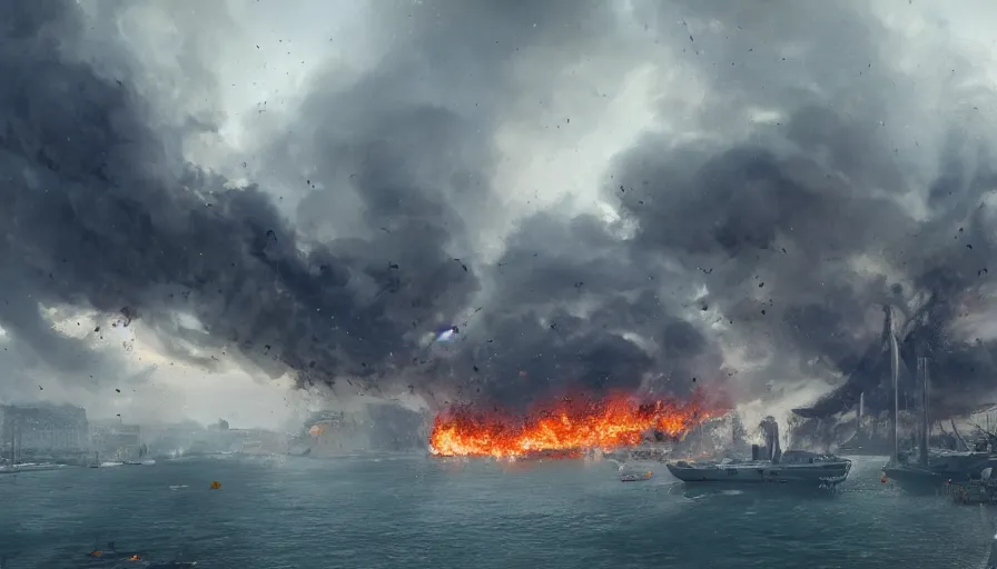 Image similar to tornado destroy marseille, fire, ashes and smoke columns, boats on the sea, hyperdetailed, artstation, cgsociety, 8 k