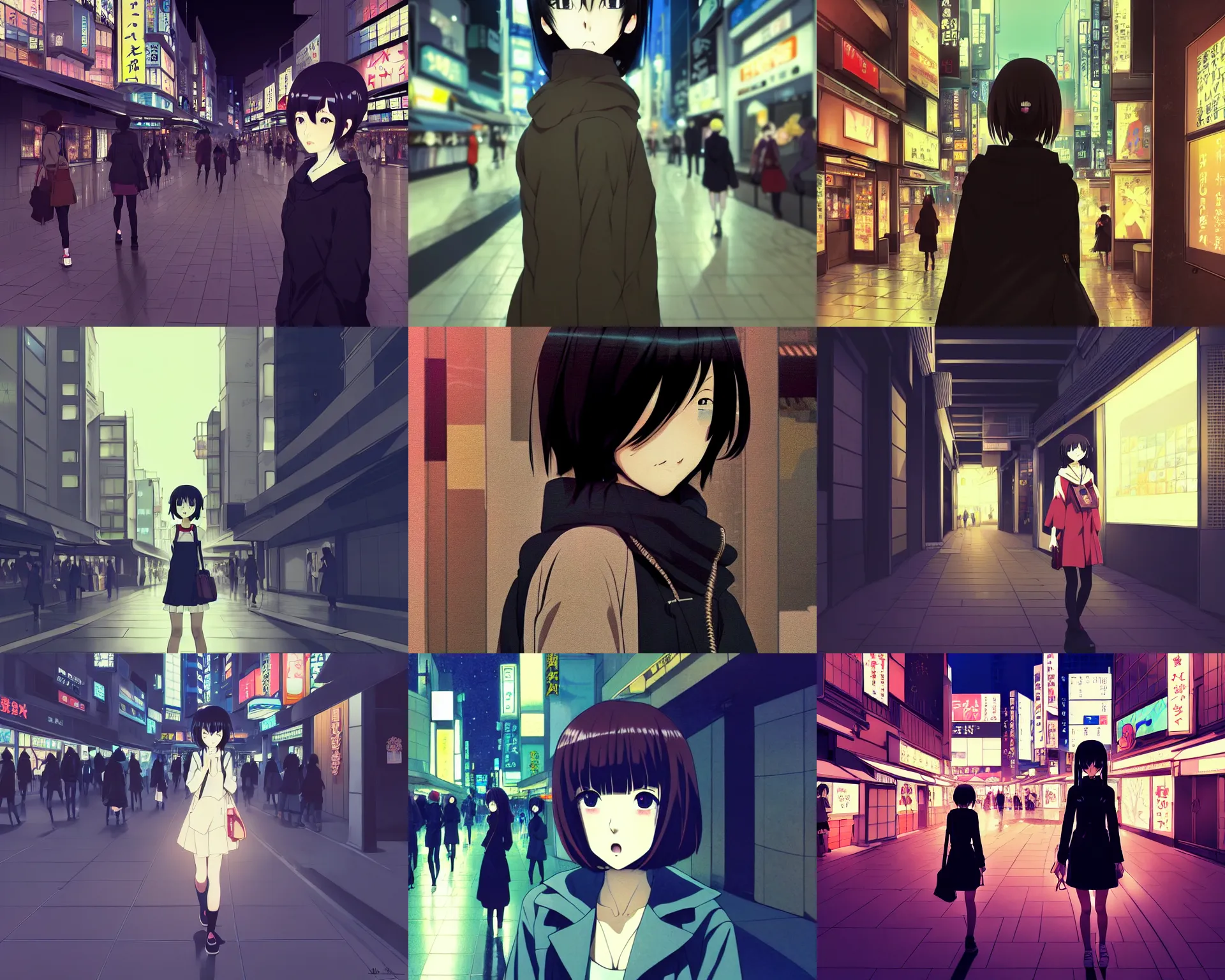 Prompt: anime visual, dark portrait of a young female traveler in shibuya at night shopping, low light, cute face by ilya kuvshinov, yoh yoshinari, makoto shinkai, dynamic pose, dynamic perspective, cel shaded, flat shading mucha, rounded eyes, moody, detailed facial features, psycho pass, lomography