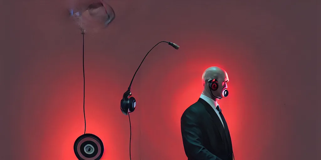 Image similar to a portrait of agent 4 7 from hitman wearing headphones in front of a wall of vinyl records, head being lit by red rim light, digital art, artstation, art by giger stalenhag