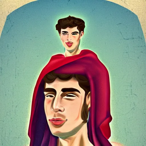 Prompt: digital painting of a handsome Mediterranean 17 year old man in ancient Biblical clothes, 1950s illustration style