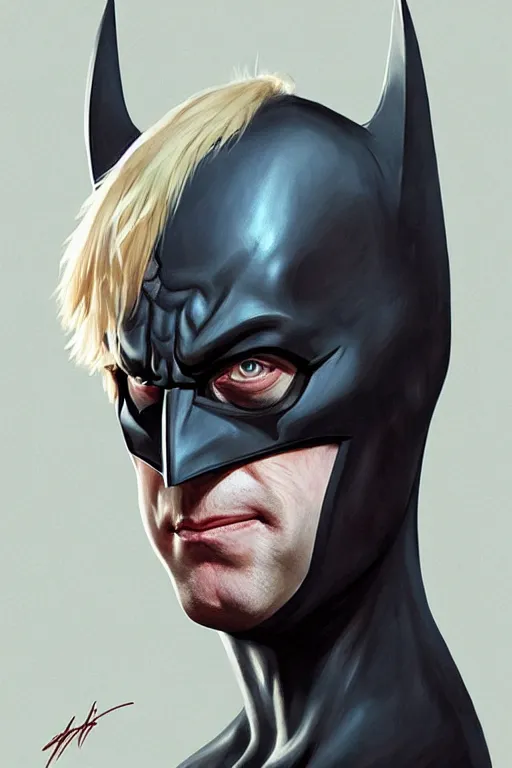 Image similar to Boris Johnson as Batman, Boris Johnson hairstyle, full body realistic portrait, highly detailed, digital painting, artstation, concept art, smooth, sharp focus, illustration, cinematic lighting, art by artgerm and greg rutkowski and alphonse mucha