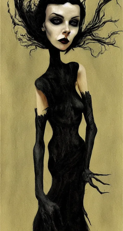 Prompt: painting of a tall, pale woman dressed in black with messy black hair, creepy, gothic, by Gerald Brom and Dave McKean,