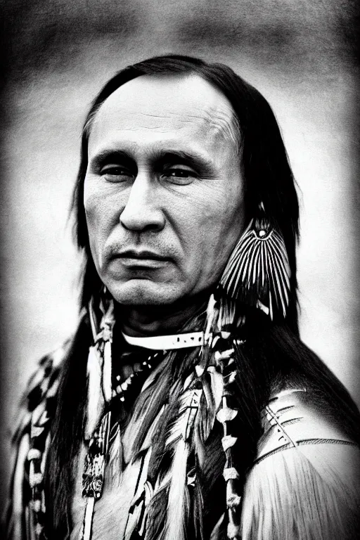 Image similar to Photo of Native American indian man Vladimir Putin, portrait, skilled warrior of the Apache, ancient, realistic, detailed, Emma Watson