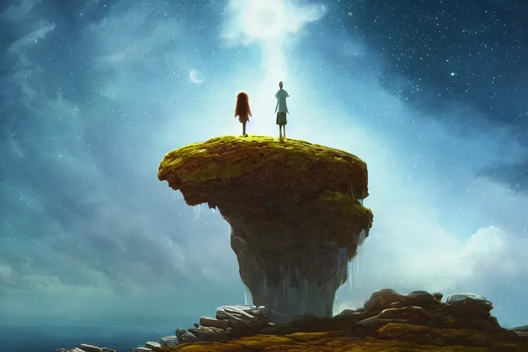 Image similar to giant white daisy flower over head, girl standing on rocky cliff, surreal photography, super nova, milky way, dramatic light, impressionist painting, colorful clouds, digital painting, artstation, simon stalenhag