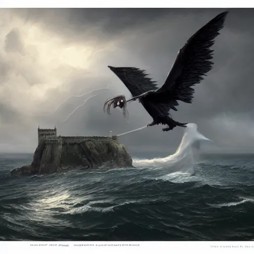 Prompt: voldemort, huge wings, scary weather, stormy, ocean, exudes terror ， island ， castle ， vine, spitfire, photography, hyperrealistic, by greg rutkowski, smooth, illustration, elegant, artstation, digital painting.