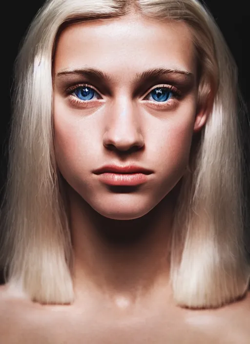 Prompt: Kodak Portra 400, 8K, soft light, volumetric lighting, highly detailed, britt marling style 3/4 symmetrical photographic extreme Close-up face of a extreme beautiful girl with blond hair and freakles, Hasselblad X1D-50C,, medium format, soft light