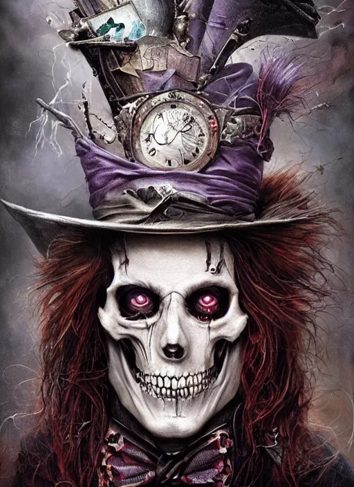 Image similar to Mad Hatter,Death Tarot card,highly detailed,half skull face,cinematic,8k,by Stanley Artgermm,Tom Bagshaw,Greg Rutkowski,Carne Griffiths, Ayami Kojima, Beksinski, Giger,Anne Stokes, Benjamin Lacombe,trending on DeviantArt,hyper detailed,horror, full of colour