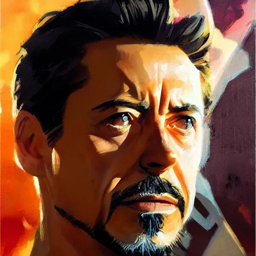 Image similar to greg manchess portrait painting of tony stark in a golden frame, medium shot, asymmetrical, profile picture, organic painting, sunny day, matte painting, bold shapes, hard edges, street art, trending on artstation, by huang guangjian and gil elvgren and sachin teng