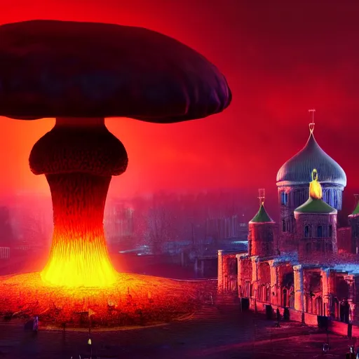 Image similar to a big nuclear explosion with realistic nuclear mushroom in Red Square Kremlin, dramatic lighting, cinematic, extremely high detail, photo realistic, cinematic lighting, post processed, concept art, artstation, matte painting, unreal engine 8k