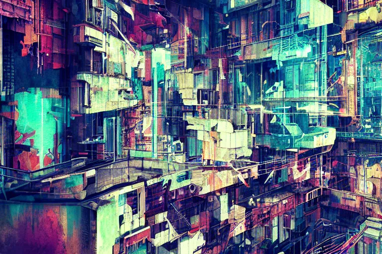 Prompt: fragmented architecture collage by atelier olschinsky, cyberpunk, (high contrast), ((oversaturated)), grafitti paint, bokeh, dof, unreal engine