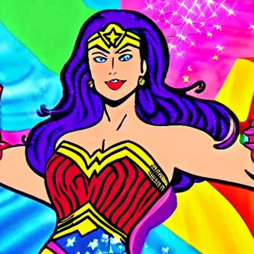 Prompt: wonder woman in the style of lisa frank