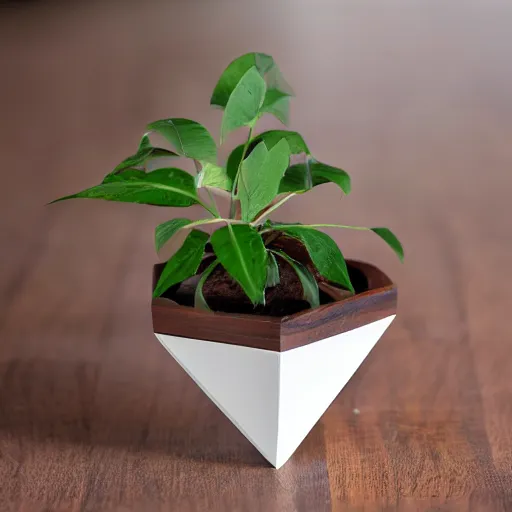 Prompt: pot plant spatifillum levitating over wooden plank white geometric angular pot beautiful fororealistic art featured on artstation