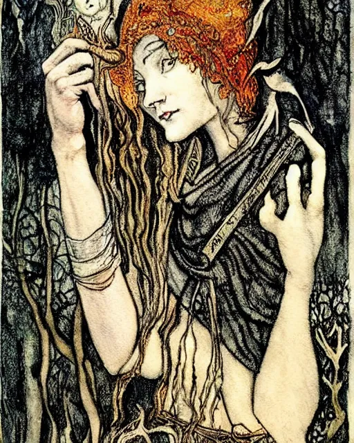 Image similar to tarot card detailed painting, illustration, tarot card framing with roman numbers, in style of Arthur Rackham