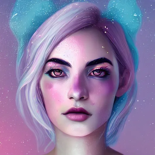 Image similar to portrait of a woman inspired by lois van baarle, charlie bowater, illustration, iridescent, iridescent hair, face, hair styles, light makeup, glitter, self confidence, cinematic 8 k