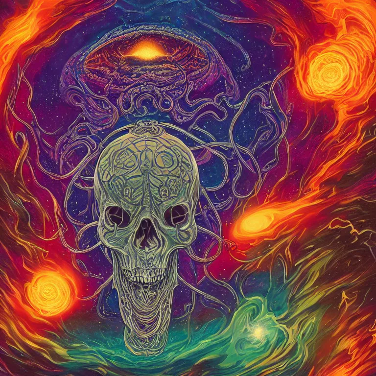 Prompt: a centered giant skull with intricate rune carvings and glowing eyes with thick lovecraftian tentacles emerging from a space nebula by dan mumford, symmetry, twirling smoke trail, a twisting vortex of dying galaxies, digital art, vivid colors, highly detailed