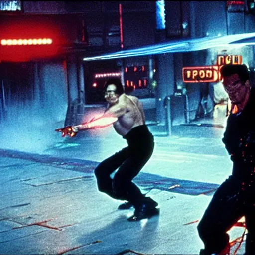 Prompt: movie still, 1 9 8 0 s, van damme as cyberpunk street fighter, hyperdetailed, by ridley scott, john carpenter and vittorio storaro, blue leds