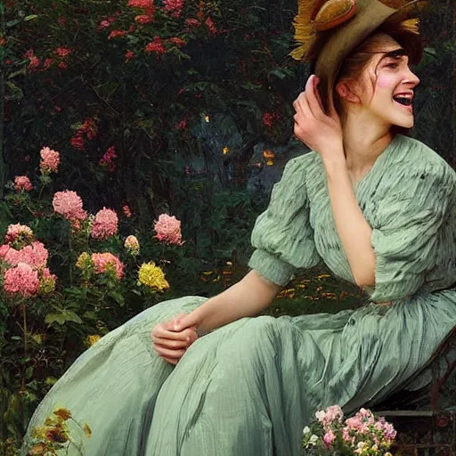 Image similar to laughing mouth open thick paint brush strokes full body fashion model emma watson by Jeremy Lipking by Hasui Kawase by Richard Schmid (((smokey eyes makeup eye shadow fantasy, glow, shimmer as victorian woman in a long white frilly lace dress and a large white hat having tea in a sunroom filled with flowers, roses and lush fern flowers ,intricate, night, highly detailed, dramatic lighting))) , high quality