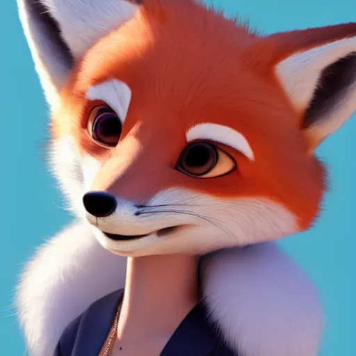 Image similar to portrait of anthropomorphic female fox with short white fur covering her body in the style of zootopia, centered on her face