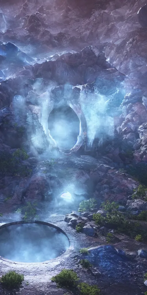 Image similar to a celestial portal in the middle of the mountains to another world, foliage, realistic, unreal engine,