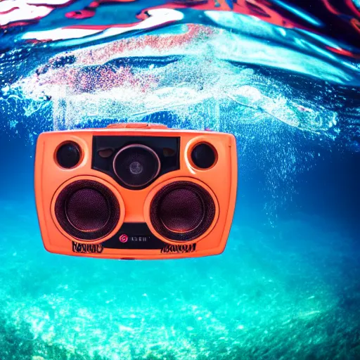 Image similar to 4 k somy a 7 wide angle photo boombox speaker half submerged in water with a wave rolling over it in hawaii at dusk with neon lighting