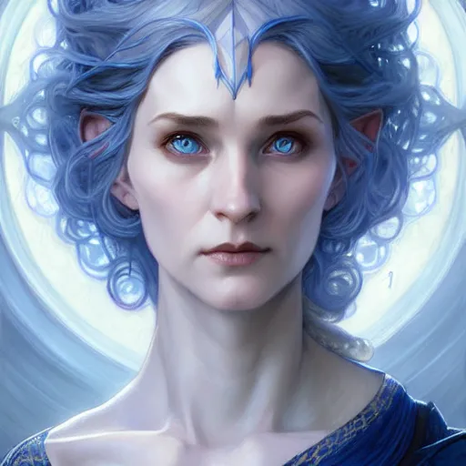 Image similar to Portrait of elvish female wizard, D&D, blue eyes, face, short silver hair, fantasy, intricate, elegant, highly detailed, digital painting, artstation, concept art, smooth, sharp focus, illustration, art by artgerm and greg rutkowski and alphonse mucha