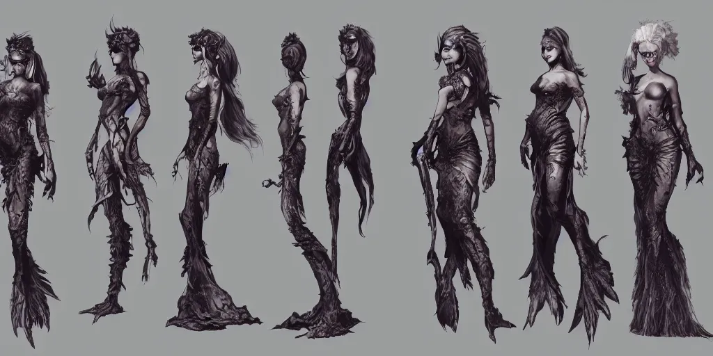 Prompt: gothic mermaid character designs, Greg Rutkowski, character sheet, kim jung gi, Darek Zabrocki, Karlkka, Jayison Devadas, Phuoc Quan, trending on Artstation, 8K, ultra wide angle, pincushion lens effect