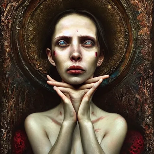 Image similar to a hyperrealistic painting of a beautiful gothic princess crying tears of blood, by Andrea Kowch, vivid color, highly detailed,