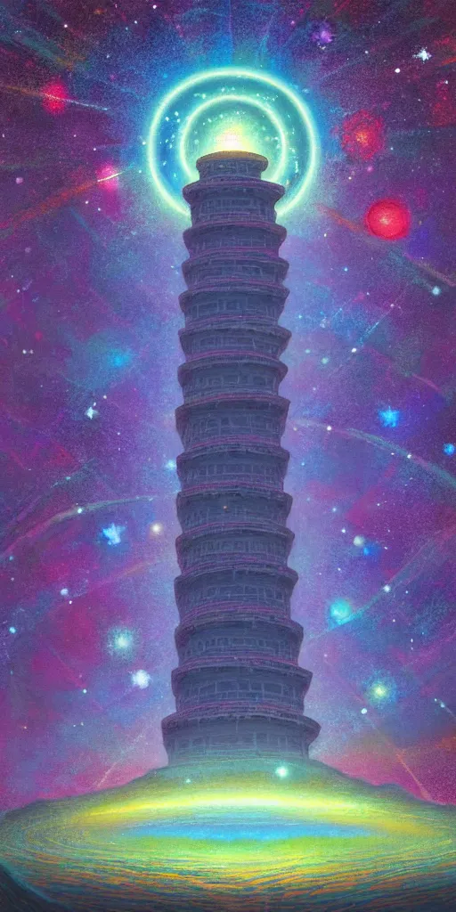 Image similar to a landscape pastel in the style of noriyoshi ohrai of an ancient holy tower, it has iridescent mana radiating from it. it is centered. the background is the starry sky at night. key art. 4 k retrofuturistic fantasy