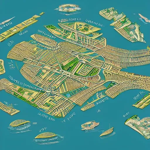 Prompt: a detailed map of a futuristic city located in an island with a lot of vegetation surrounded by water with a few flying ships stationed around it. Vienna secession, modernism, expressionism, Art Nouveau, aerial illustration