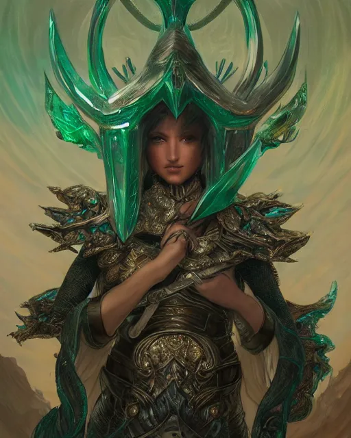 Image similar to Portrait of a Fantasy emerald knight, moonlit, HD, illustration, epic, D&D, fantasy, intricate, elegant, highly detailed, digital painting, artstation, concept art, smooth, sharp focus, illustration, art by artgerm and greg rutkowski and alphonse mucha, monster hunter illustrations art book