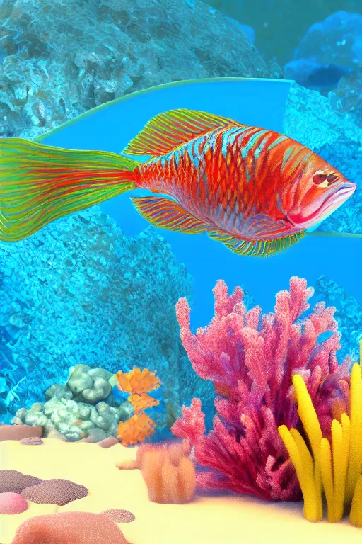 Image similar to a beautiful and colorful fish transparent swimming through a coral in the ocean, render in cinema 4 d