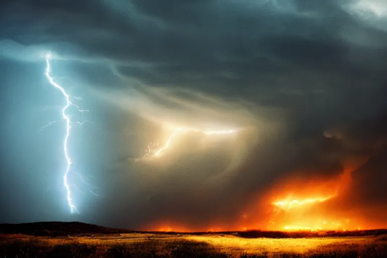 Image similar to photo of monstrous tornado, night, backlit by lightning, hyperdetailed artstation