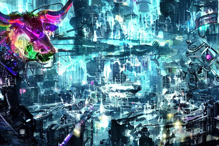 Image similar to complex cyberpunk machine background merged with evil cybernetic goat head in center focus, multicolored digital art