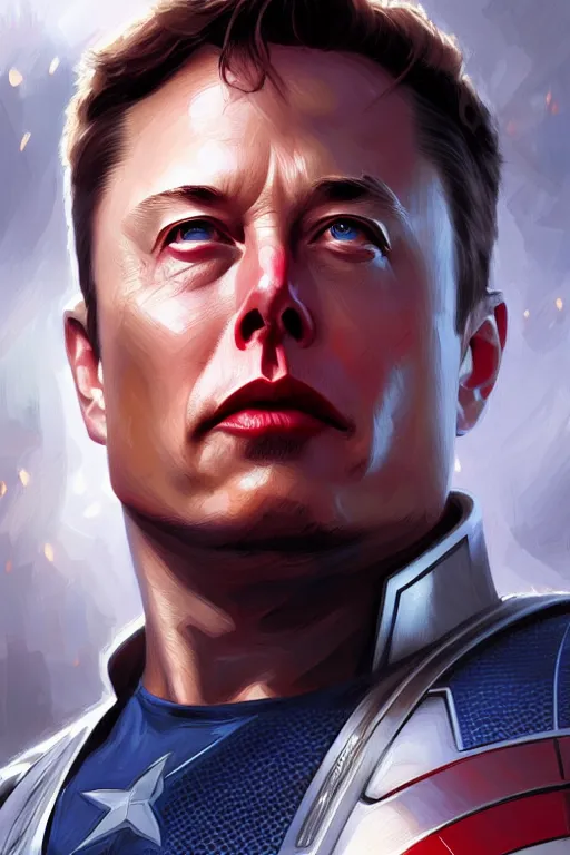 Image similar to elon musk as captain america, portrait, highly detailed, digital painting, artstation, concept art, smooth, sharp focus, illustration, cinematic lighting, art by artgerm and greg rutkowski and alphonse mucha