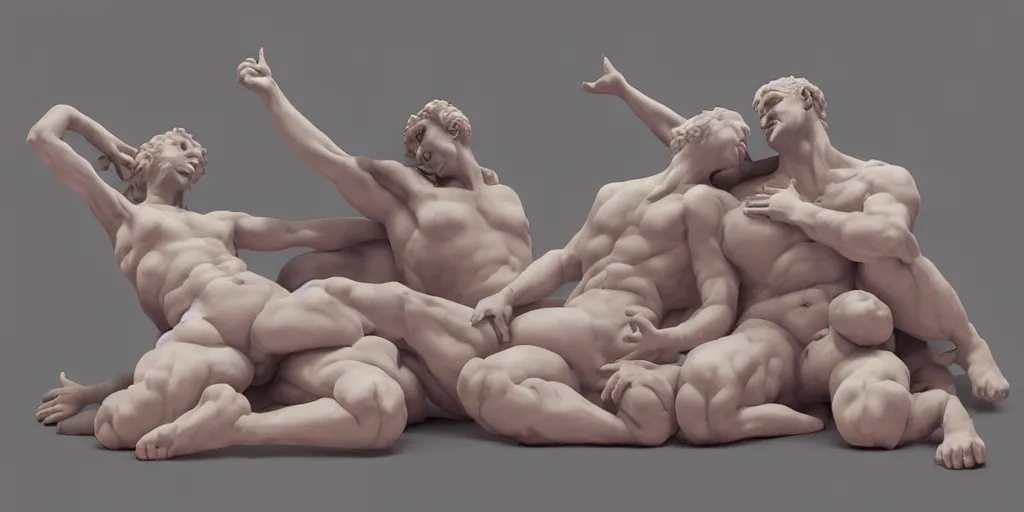 Prompt: greek sculpture of intertwined chubby bodies painted in pastel colors. artwork by James Jean and Tooth Wu and wlop and beeple and greg rutkowski and nekroxiii. octane render, cinematic, hyper realism, redshift render, 8k, depth of field, iridescent accents