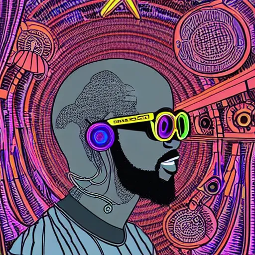 Prompt: intricate detailed artwork of a futuristic dj black coffee at an underground warehouse rave in south africa playing afro house music using cdj mixer, in the style of Geof Darrow, no hair, vr sunglasses, beard, wires, speakers, neon