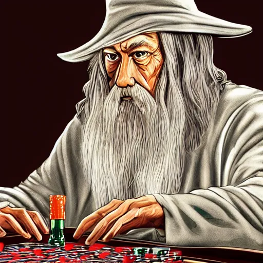 Image similar to gandalf playing poker, casino, highly detailed, digital art