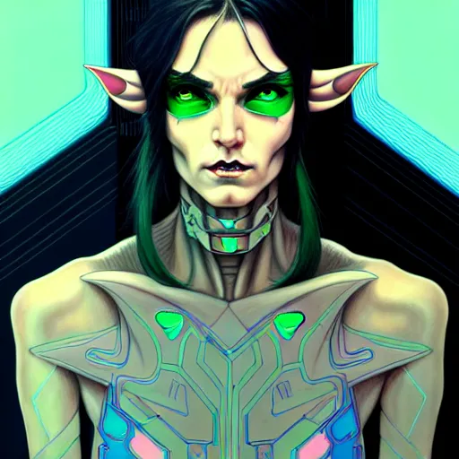 Image similar to portrait painting of a cyberpunk androgynous elf with beautiful flowing black hair and eyes, sharp focus, award - winning, trending on artstation, masterpiece, highly detailed, intricate. art by josan gonzales and moebius and deathburger