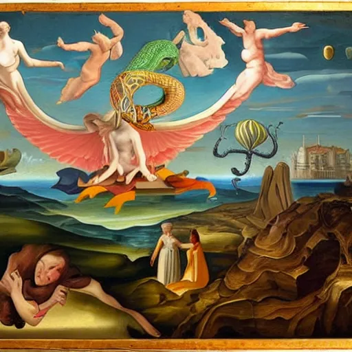 Prompt: surrealism renaissance painting of a flying snake god