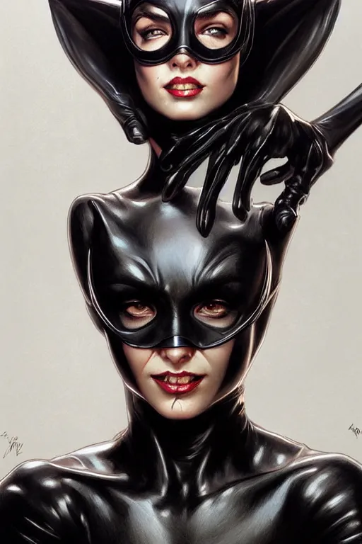 Image similar to catwoman, realistic portrait, symmetrical, highly detailed, digital painting, artstation, concept art, smooth, sharp focus, illustration, cinematic lighting, art by artgerm and greg rutkowski and alphonse mucha