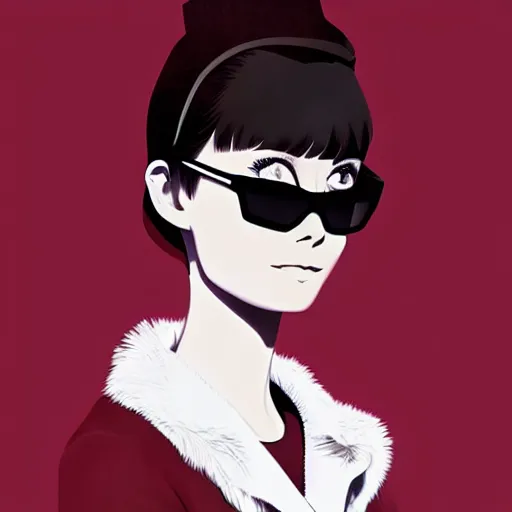 Prompt: beautiful anime version of audrey hepburn with hat and dark sunglasses covering her eyes from breakfast at tiffany's. drawn by ilya kuvshinov