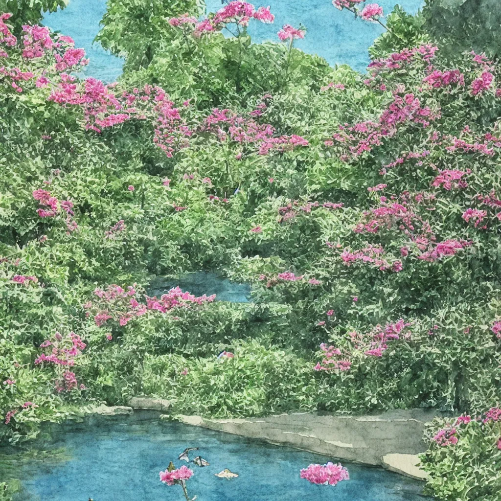 Image similar to isomeric view, delicate lake in a botanic garden, garden road, sparrows, temple in a botanical herbarium paper, watercolor colored painting, iridescent colors, 8 k, realistic shaded, fine details, artstation, italian style, colonnade, flowers, architecture, roma