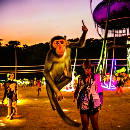 Image similar to A monkey at ozora festival by night