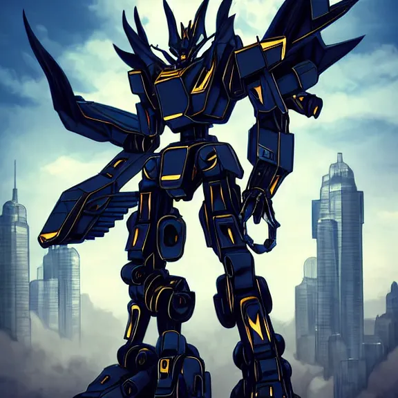 Prompt: cinematic shot, detailed handsome giant feral robot mecha dragon, sharp edged black armor, gold accents, sleek blue visor for eyes, two arms, two legs, two massive black wings on his back, looming over a city, epic shot, highly detailed art, 3D realistic, furry art, dragon art, feral art, macro art, furaffinity, DeviantArt, sofurry
